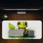 Desk pad with a green frog sitting on the grass and surrounded by leaves, set against a white background. Desk Pad on the computer table