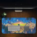 Desk pad showing a person standing on a ledge, overlooking a cityscape at sunset with blue and yellow tones, silhouetted against the sky. Desk Pad in computer table