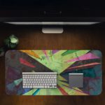 Infidu Artistic Desk Pad with angular abstract shapes in green, pink, purple, and yellow. Desk Pad in computer table