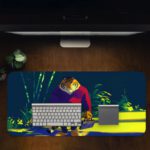 Infidu Artistic Desk Pad with Anime Tiger in Jungle Setting, Dressed in Blue and Red Sweater and Blue Jeans Desk Pad on the computer table