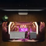 Infidu Artistic Desk Mat with a pink and gold gaming room concept design, perfect for adults. Buy a desk mat, shop desk pad, buy a gaming Desk Pad with Antique Video Game Design Kept on a computer table