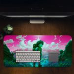 Desk mat featuring an anime boy trekking in a landscape with a pink and purple sky, turquoise sea, and green elements. Desk Pad in computer table