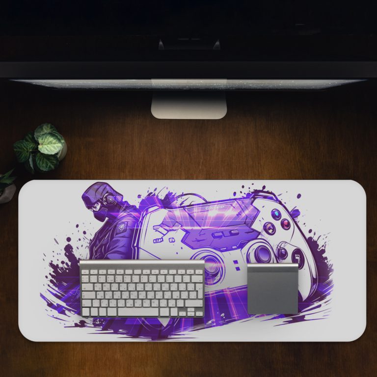 Gaming desk pad with a game controller in violet and blue colors on a predominantly white background. Unique and artistic design by digital artists Desk Pad with Antique Video Game Design Kept on a computer table