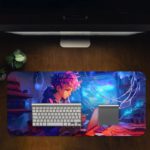 A young person with colorful hair using a laptop, glowing blue light, and tendrils suggests a fantasy theme. Desk Pad in computer table