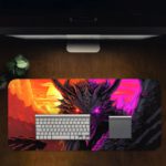 Desk pad featuring a close-up of a dragon's face and neck with intricate scales, set against a vibrant sunrise sky. Desk Pad in computer table