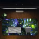 Desk pad with a futuristic robotic creature in a vibrant, neon-lit cyberpunk cityscape. Desk Pad in computer table