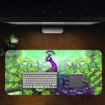 Illustration of a bright purple peacock on a branch with a background of green leaves on the Infidu Artistic Animated Desk Pad on the computer table