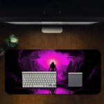 Infidu Artistic Desk Pad with an anime ninja silhouette in front of a bright purple light, set in a dark, mystical cave-like environment. Desk Pad in computer table