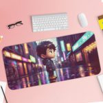 Digital illustration of a young child standing in a brightly lit street at night with neon colors and an urban cityscape background. Desk Pad with Keyboard and Mouse