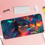 Desk pad with an abstract illustration of a woman in the jungle, featuring glowing white eyes and colorful foliage in blues, purples, and greens. Desk Pad with Keyboard and Mouse