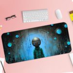 Infidu Artistic Desk Pad with a robot in a spacesuit in a dark, futuristic space environment with blue and black tones and glowing light patterns. Desk Pad with Keyboard and Mouse