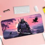 Infidu Artistic Desk Pad with an anime samurai in meditation against a purple and pink sunset sky, with silhouettes of trees, mountains, and a soaring bird. Desk Pad with Keyboard and Mouse