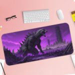 Godzilla rises over a city at night with a popple-colored background on an animated desk pad. Desk Pad with Keyboard and Mouse