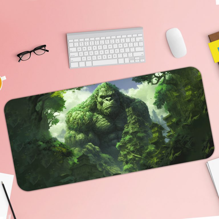 Kong with a natural sky background desk pad featuring clouds, designed for both kids and adults. Desk Pad with Keyboard and Mouse