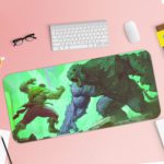 Desk pad featuring a comic-style superhero fighting a large monster, with an energetic green and blue background. Desk Pad with Keyboard and Mouse