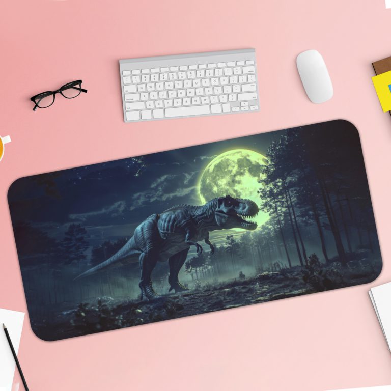 Godzilla rises over a city at night with a white moon and clouds on a desk mat. Desk Pad with Keyboard and Mouse