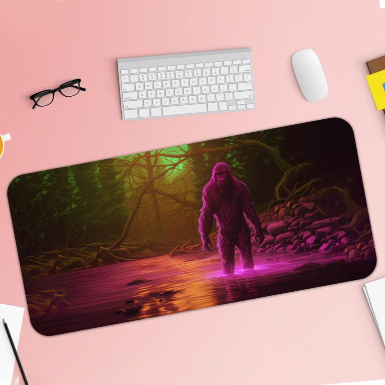 Infidu Artistic Animated Desk Pad featuring Kong with a yellow and pink background, depicting Kong standing in a natural water setting. Desk Pad with Keyboard and Mouse