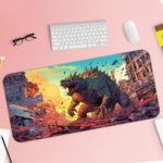 Desk mat with Godzilla rising over a city in the morning, featuring a yellow and blue background. Desk Pad with Keyboard and Mouse