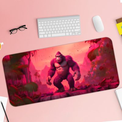 Desk pad featuring Kong on a vibrant pink background, designed by our digital artists. Desk Pad with Keyboard and Mouse