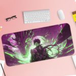 Desk pad featuring a dramatic purple and white anime scene with swirling energy effects and a central figure in an action pose. Desk Pad with Keyboard and Mouse