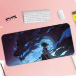 Desk pad featuring a fantasy scene with a dragon, deep blue and purple tones, and a mystical atmosphere with star-like lights. Desk Pad with Keyboard and Mouse