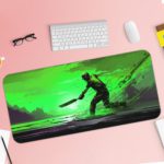 Desk pad featuring an anime character in a powerful pose with a sword, set against a vivid green background. Desk Pad with Keyboard and Mouse