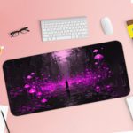 Desk pad featuring a mystical scene with a figure in a dark forest, surrounded by glowing purple mushrooms and lights. Desk Pad with Keyboard and Mouse