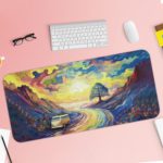 Desk pad featuring a colorful landscape with a winding road, distant tree, and vibrant sky. Desk Pad with Keyboard and Mouse