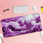 Swirling purple and white waves with a dynamic, flowing appearance. Desk Pad with Keyboard and Mouse