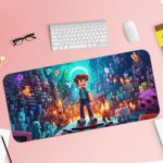 Animated desk pad featuring a boy in a Minecraft-like world, surrounded by small animals and glowing elements in bright blues and teals. Desk Pad with Keyboard and Mouse