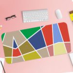 Infidu Artistic Desk Pad with horizontal stripes in pink, yellow, purple, blue, and red. Desk Pad with Keyboard and Mouse