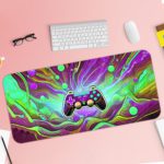 Gaming Desk Pad featuring a vibrant, randomly painted controller with a background in green, violet, and light yellow, designed for a unique and artistic look Desk Pad with Keyboard and Mouse pink background