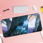 Two anime characters embrace under a glowing tree in a mystical, blue-toned landscape. Desk Pad with Keyboard and Mouse