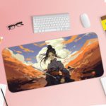 Anime samurai with dark hair holding a sword, standing against orange mountains and a bright blue sky. Desk Pad with Keyboard and Mouse