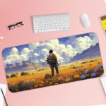 Anime boy standing in a field of yellow flowers under a blue sky with white clouds. Desk Pad with Keyboard and Mouse