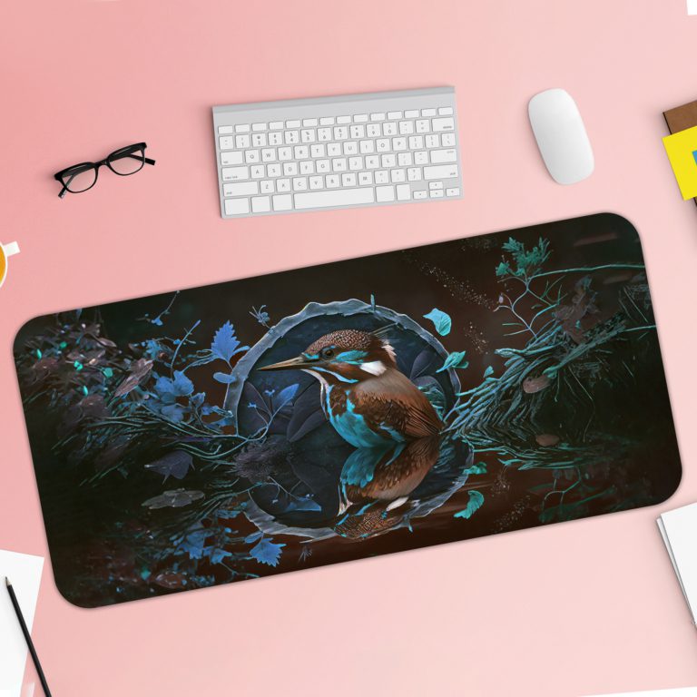 Infidu Artistic Desk Pad with a colorful bird design on a brown background. Desk Pad with Keyboard and Mouse