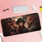 Anime boy with short dark hair centered between two fierce animal heads, in a dark, mythical illustration. Desk Pad with Keyboard and Mouse