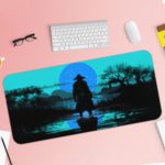 Anime samurai standing in shallow water with a misty landscape and trees, tinted in teal and blue tones. Desk Pad with Keyboard and Mouse