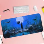 Anime-inspired Infidu Artistic Desk Pad with a blue, foggy scene, barren trees, stones, a full moon, and a mysterious figure on a reflective surface. Desk Pad with Keyboard and Mouse