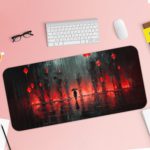 Abstract art Infidu Artistic Desk Pad with dark tones, red lanterns, and a mysterious figure holding an umbrella in a rainy forest. Desk Pad with Keyboard and Mouse