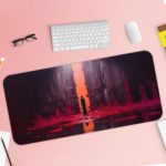 The silhouetted figure standing before a glowing orange portal, surrounded by deep purples and reds on the Infidu Artistic Desk Pad. Desk Pad with Keyboard and Mouse