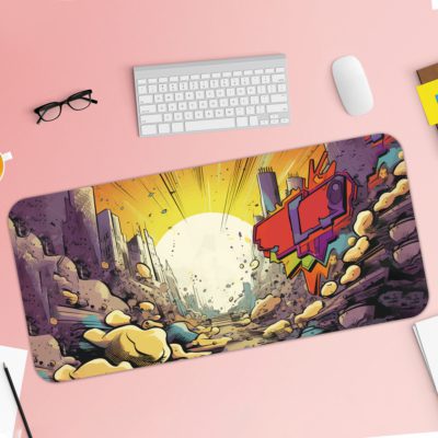 Infidu Color Splash Animated Desk Pad with a vibrant comic-style design, featuring purples, blues, yellows, and dynamic elements. Desk Pad with Keyboard and Mouse