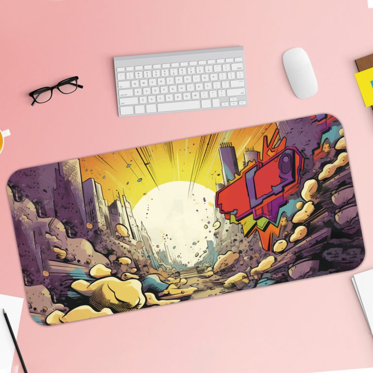 Infidu Color Splash Animated Desk Pad with a vibrant comic-style design, featuring purples, blues, yellows, and dynamic elements. Desk Pad with Keyboard and Mouse