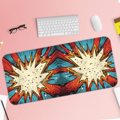 Infidu Color Wave Boom Animated Desk Mat with a vibrant blue and red background, featuring unique multi-colored art. Desk Pad with Keyboard and Mouse