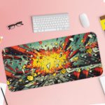 Infidu Color Wave Boom Animated Desk Mat featuring vibrant multi-colored art on gray with yellow accents. Desk Pad with Keyboard and Mouse