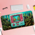 Artistic Gaming Desk Pad featuring an old-style handheld game console in light blue with pink buttons, displaying a scene of palm trees, blue sky, and huts that blend into the background Desk Pad with Keyboard and Mouse