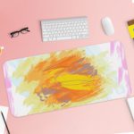 Infidu Artistic Desk Pad with colorful splashes of orange, pink, and purple on a white background. Desk Pad with Keyboard and Mouse