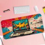 Infidu Tech Fusion Desk Pad with Comic Book-Style Design Featuring a Laptop and Bold Red, Orange, and Yellow Clouds Desk Pad with Keyboard and Mouse