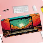 Infidu Tech Fusion Desk Pad with Comic Book-Style Design Featuring a Laptop and Bold Sunset Colors Desk Pad with Keyboard and Mouse