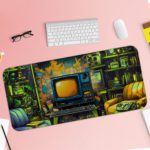 Infidu Tech Fusion Desk Pad with Cozy Vintage Room Design Featuring Old TVs, Green Sofa, and Plants Desk Pad with Keyboard and Mouse